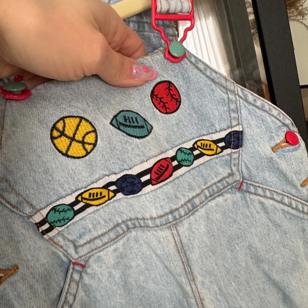 Vintage 90s Gymboree overalls denim embroidered football baseball colorful baby